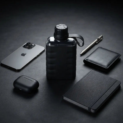 gourde-plate-noire-design-urbain-bouteille-eau-plate-bouteille-eau-plate-bureau-silicone-noir-design-minimaliste