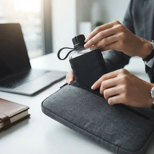 gourde-plate-noire-design-urbain-bouteille-eau-plate-fine-pochette-ordinateur-gourde-plate-gain-espace-sac-toile-ipad