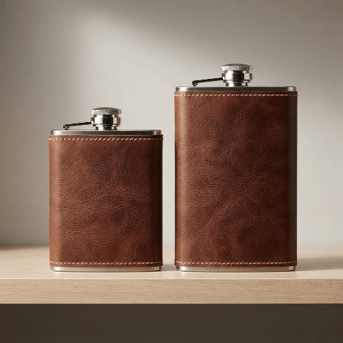 gourde-plate-poche-marron-flasque-inox-cuir