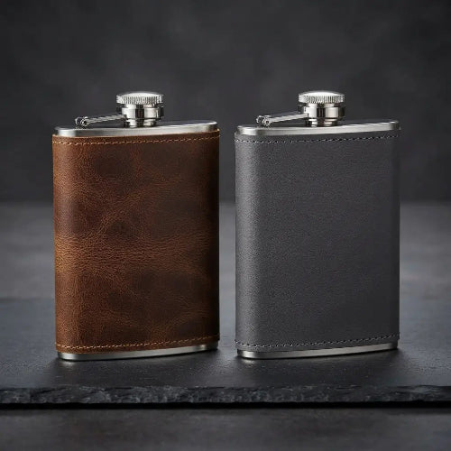 gourde-plate-poche-marron-gris-flasque-inox-cuir