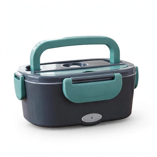 Lunch box chauffante électrique fermée — corps gris ardoise, poignée et fermetures turquoise, packshot fond blanc