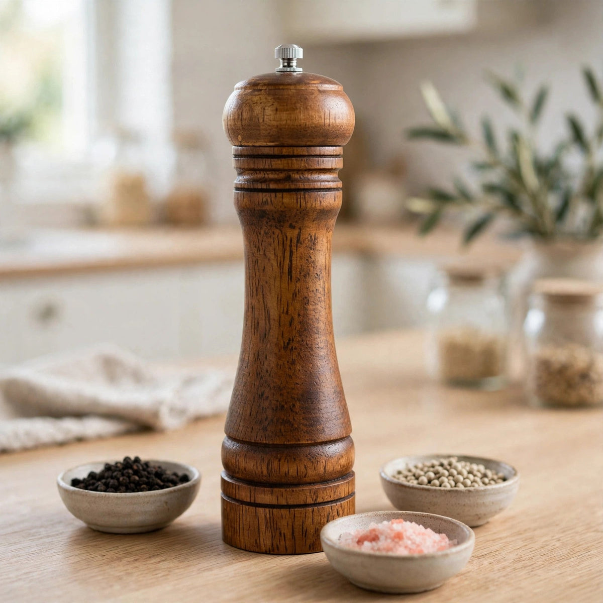 Moulin à poivre en chêne sur un comptoir avec des bols de poivre noir, poivre blanc et sel rose de l’Himalaya