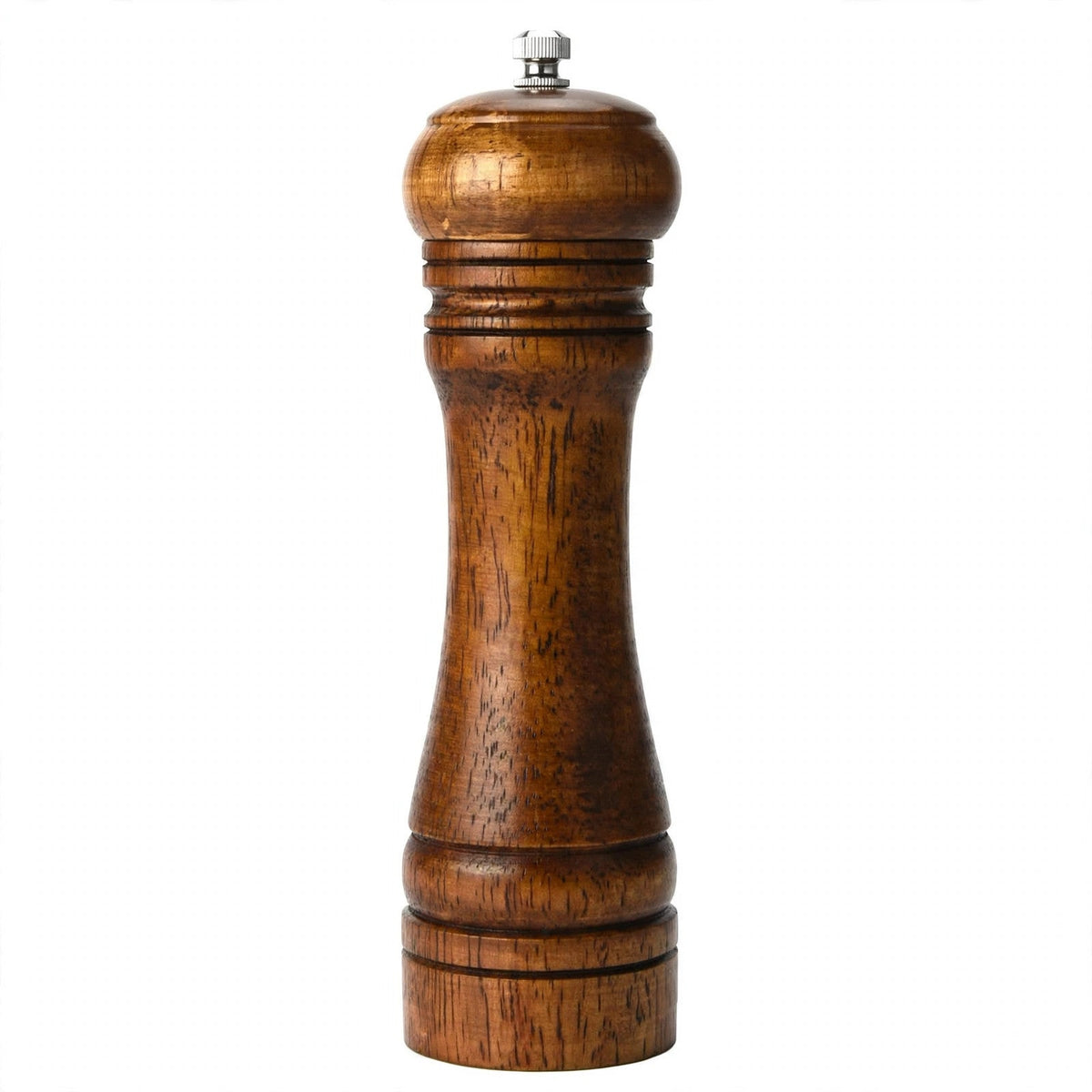Moulin à poivre en chêne naturel tourné, broyeur céramique réglable, hauteur 20,3 cm, bouton moleté en acier inoxydable, sur fond blanc
