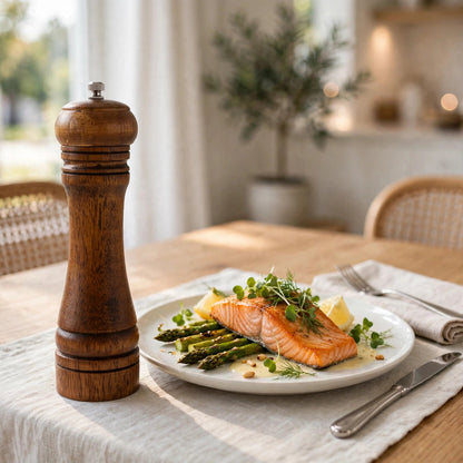 Moulin à poivre en chêne debout sur une table dressée à côté d’une assiette de saumon et d’asperges