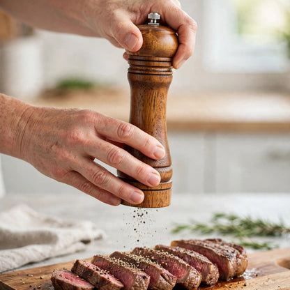 Mouture grossière du moulin à poivre en chêne sur un steak tranché, torsion à deux mains au-dessus de la planche