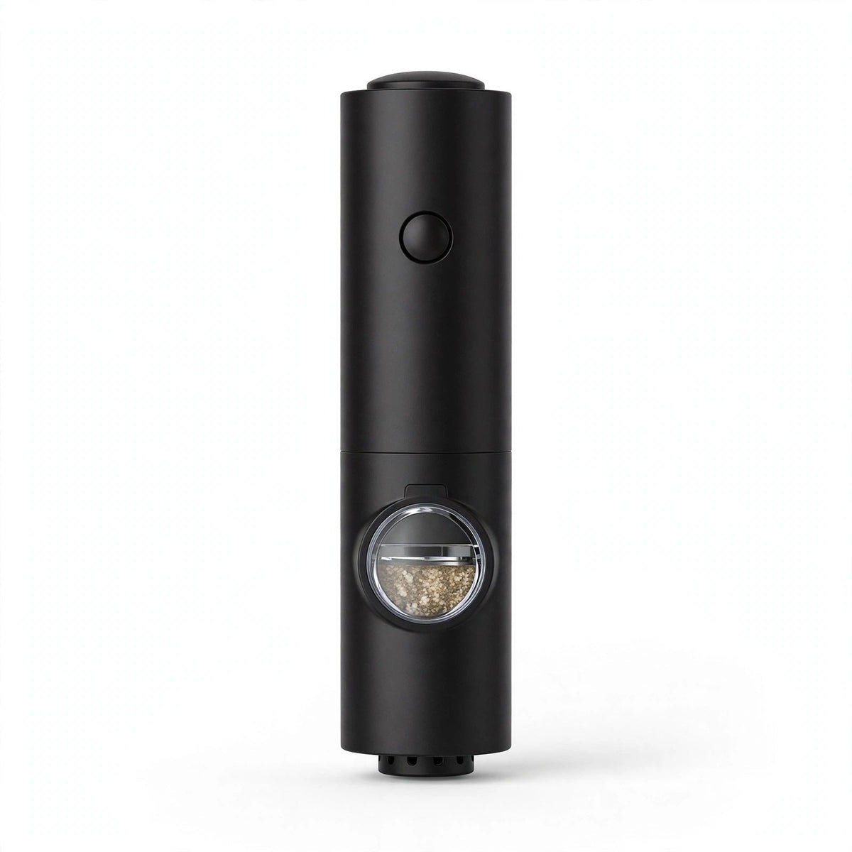 Moulin à poivre électrique noir mat — bouton de mise en marche et fenêtre ronde de réglage de la mouture, packshot fond blanc