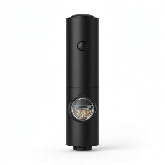 Moulin à poivre électrique noir mat — bouton de mise en marche et fenêtre ronde de réglage de la mouture, packshot fond blanc