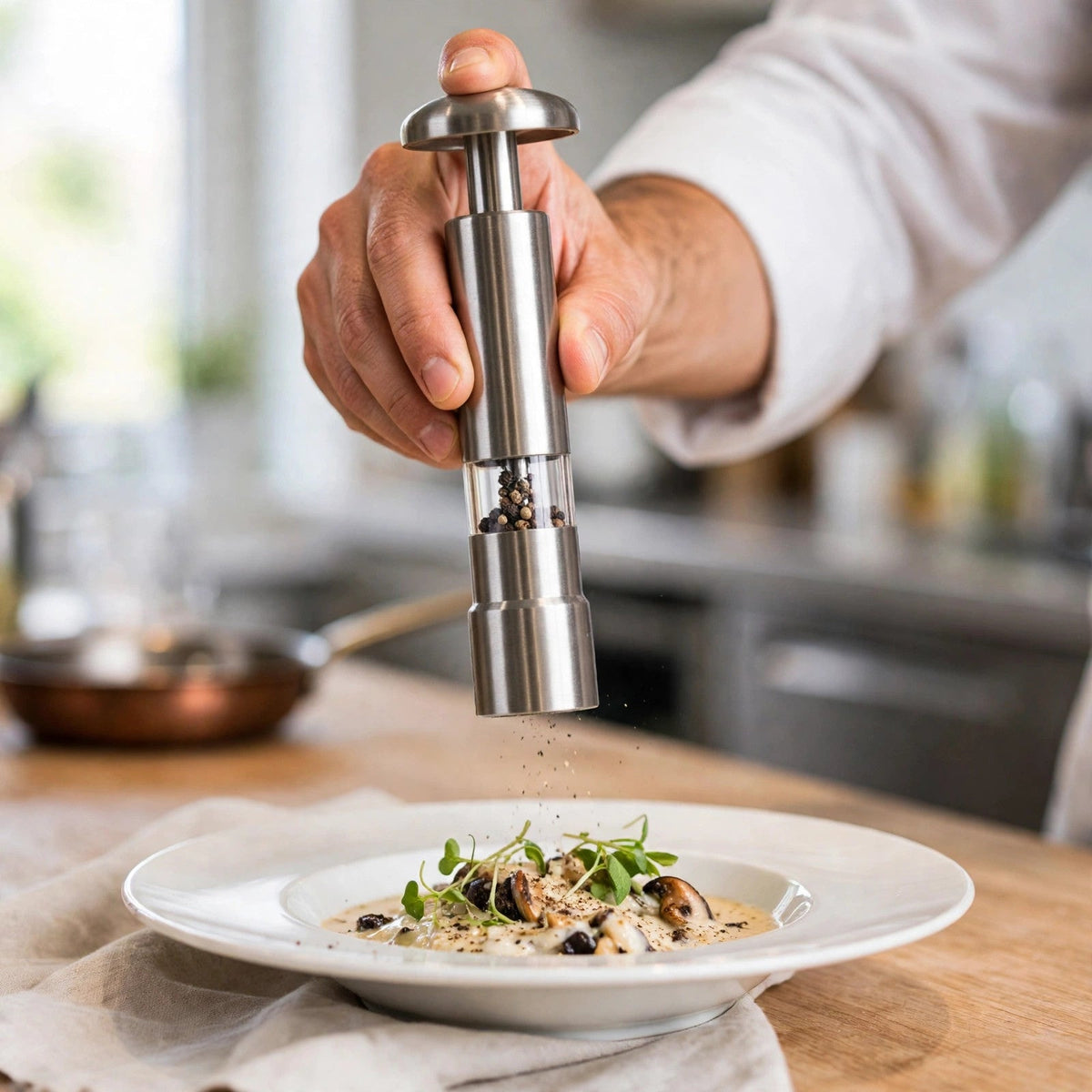 Chef en tenue blanche finissant le dressage d'une assiette avec le moulin à poivre à piston en inox, geste précis d'une main en cuisine professionnelle