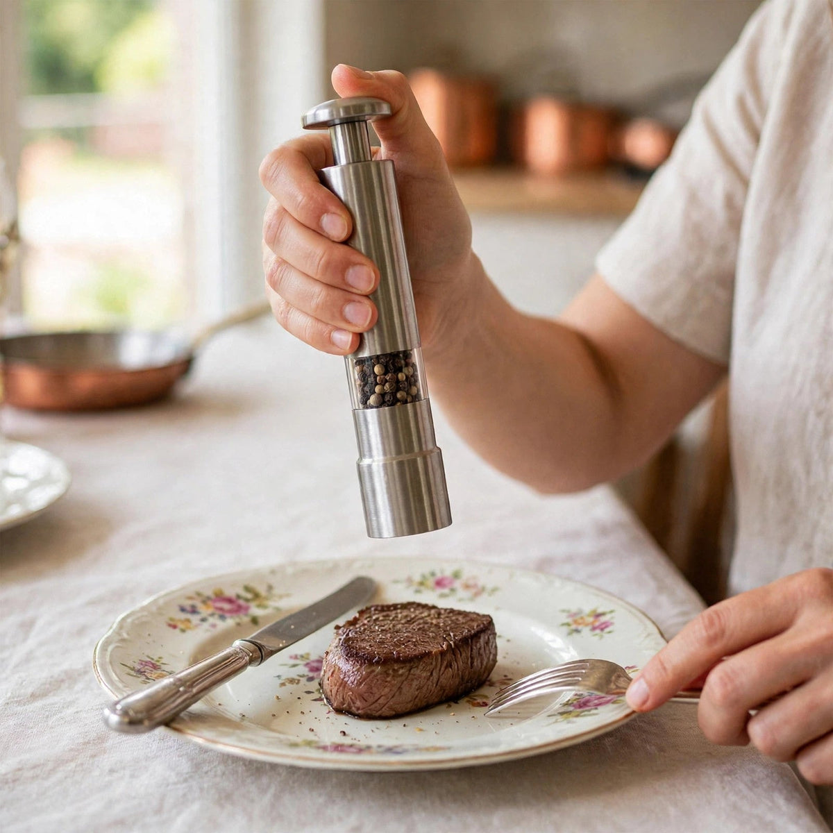 Femme à table assaisonnant un steak d'une main avec le moulin à poivre à piston en inox, fenêtre remplie de grains visible, assiette dressée devant elle