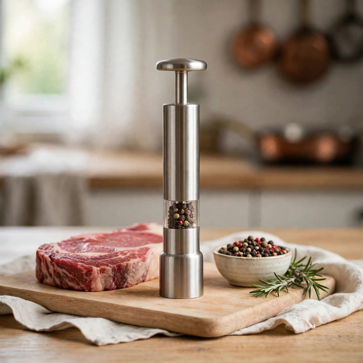 Moulin à poivre à piston en inox debout sur une planche en bois à côté d'un steak cru, d'un brin de romarin et d'un bol de grains de poivre entiers