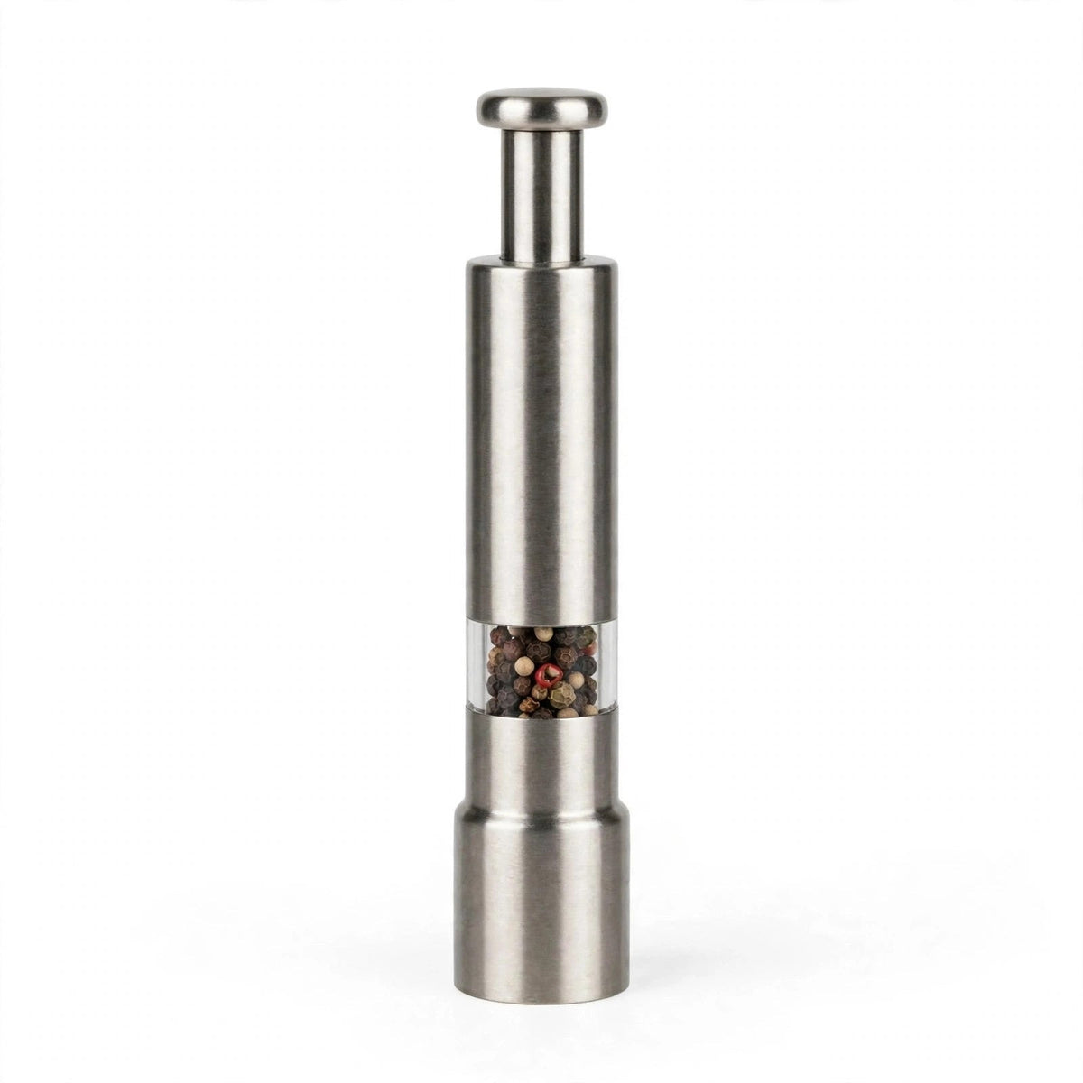 Moulin à poivre à piston en acier inoxydable sur fond blanc : bouton-poussoir rond, fenêtre transparente remplie de grains de poivre mélangés, base en inox brossé