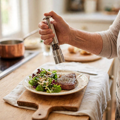 Moulin à poivre à piston en inox utilisé d'une main au-dessus d'un steak et d'une salade fraîche, sur un plan de travail de cuisine lumineux en bois clair