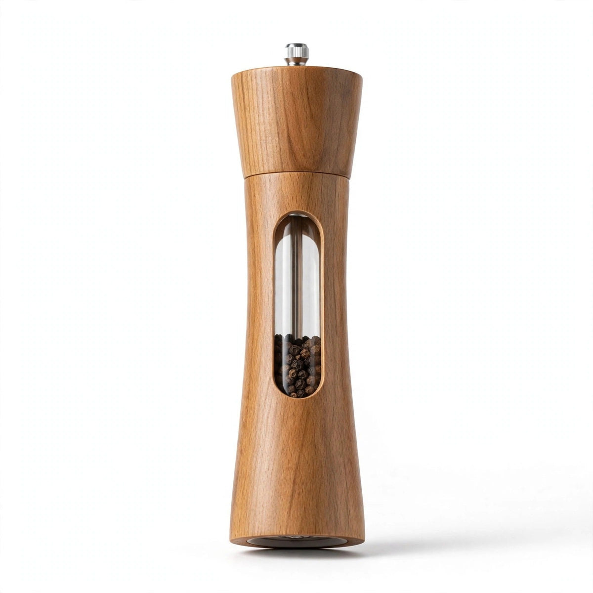 Moulin à poivre en bois clair — fenêtre transparente verticale avec grains de poivre noir, packshot fond blanc