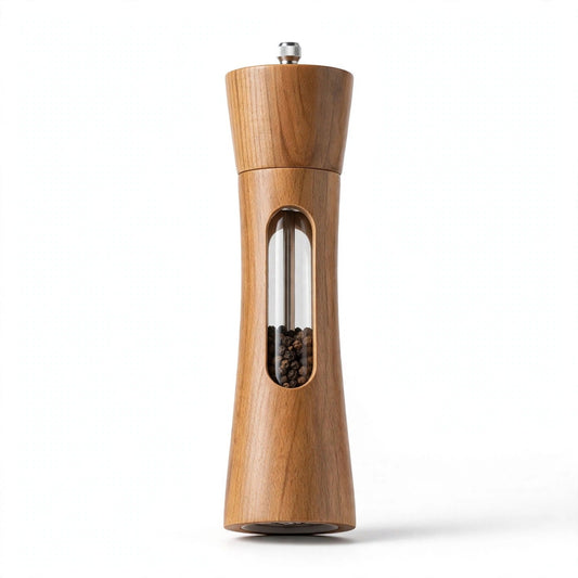 Moulin à poivre en bois clair — fenêtre transparente verticale avec grains de poivre noir, packshot fond blanc