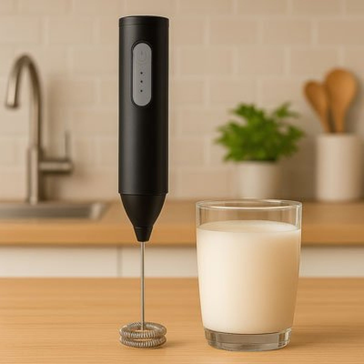 Mousseur à lait AeroMix noir debout sur un comptoir à côté d’un verre de lait frais