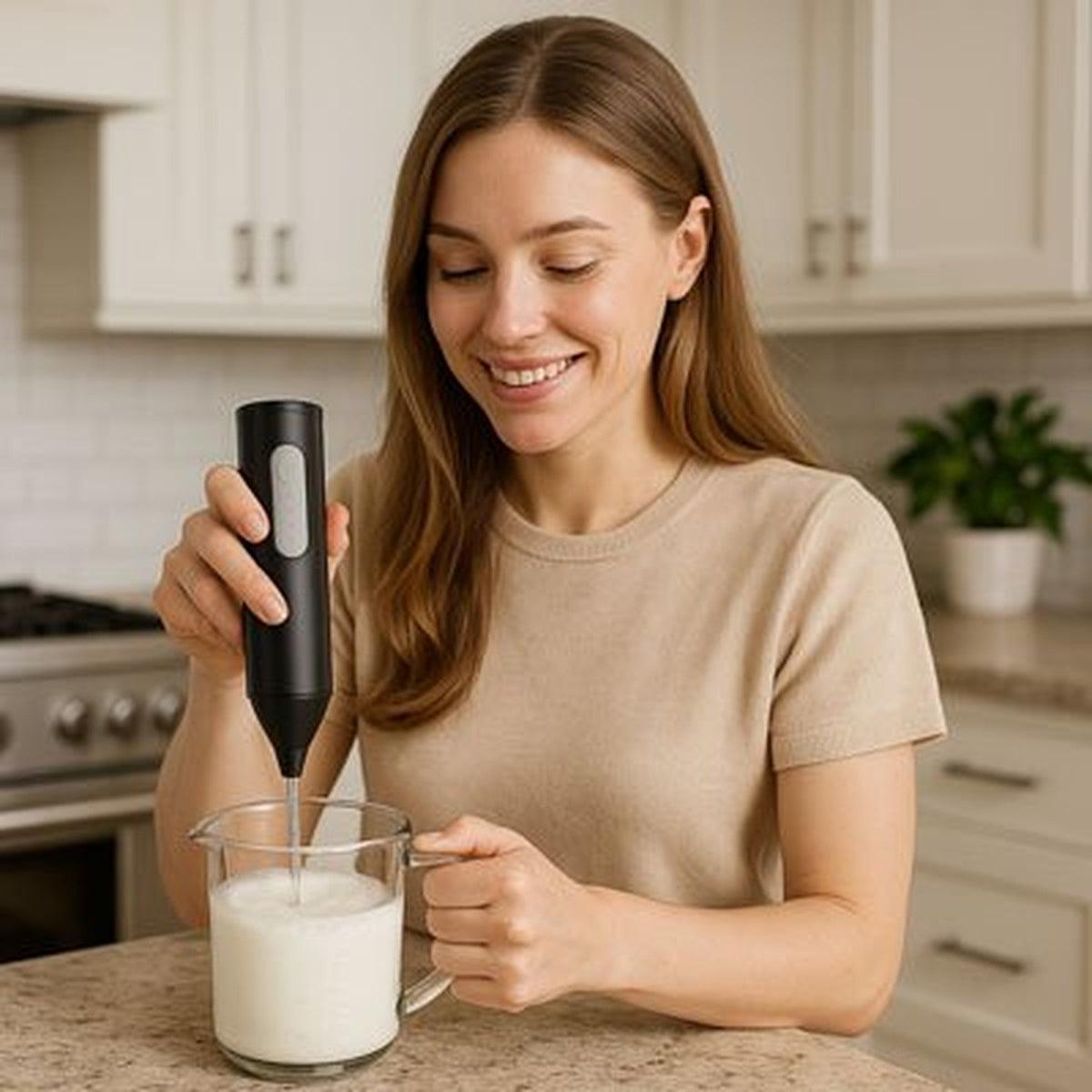 Femme souriante utilisant le mousseur à lait AeroMix noir dans un pichet de lait