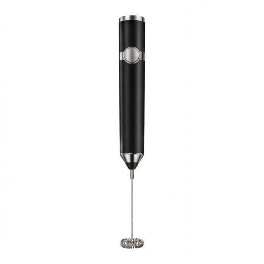 Mousseur à lait Cappuccino Express noir sur fond blanc, manche ergonomique et fouet inox