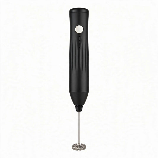 Mousseur à lait électrique Express noir sur fond blanc, bouton rond et fouet spiralé inox