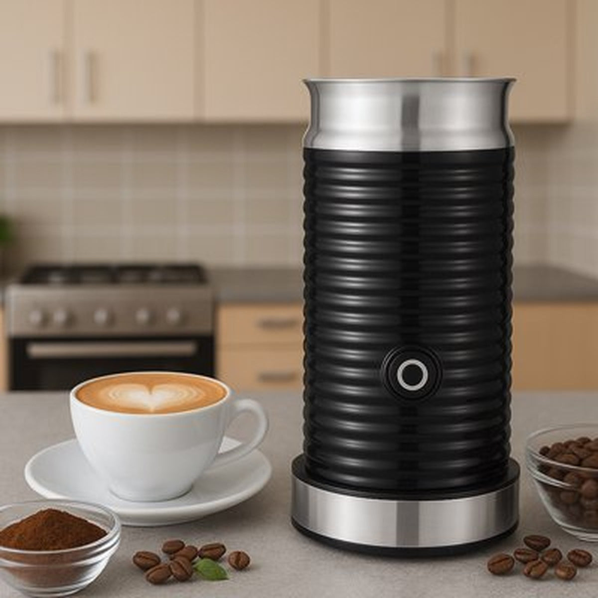 Mousseur à lait électrique noir à côté d’un cappuccino au latte art réussi