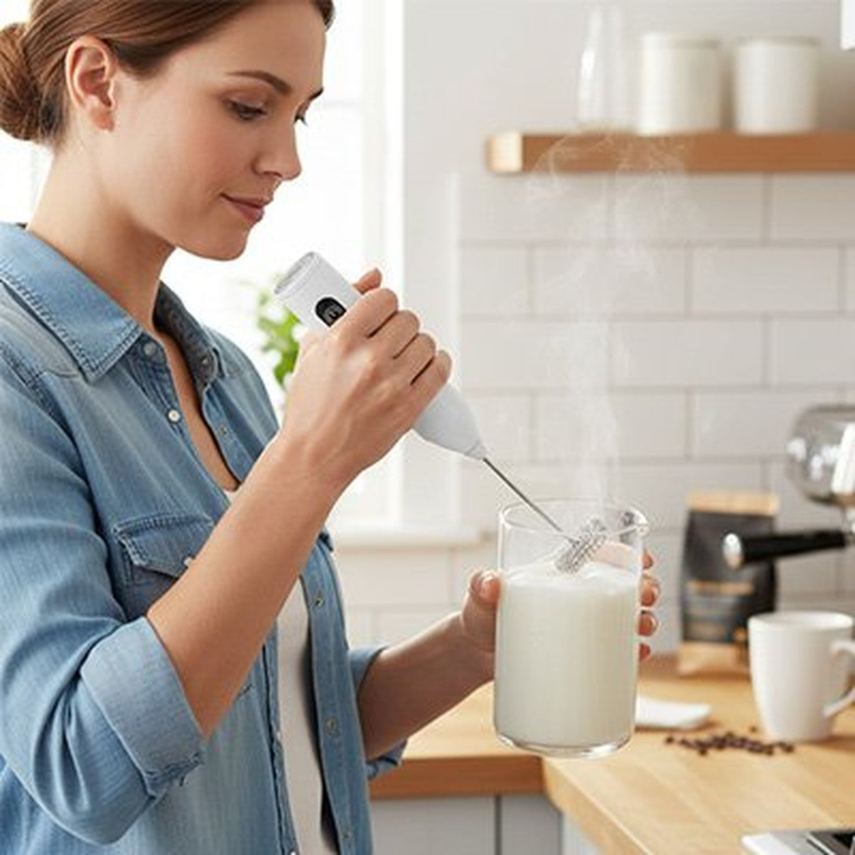 Mousseur à lait KREAMIX EXPRESS blanc moussant un lait chaud dans un grand verre