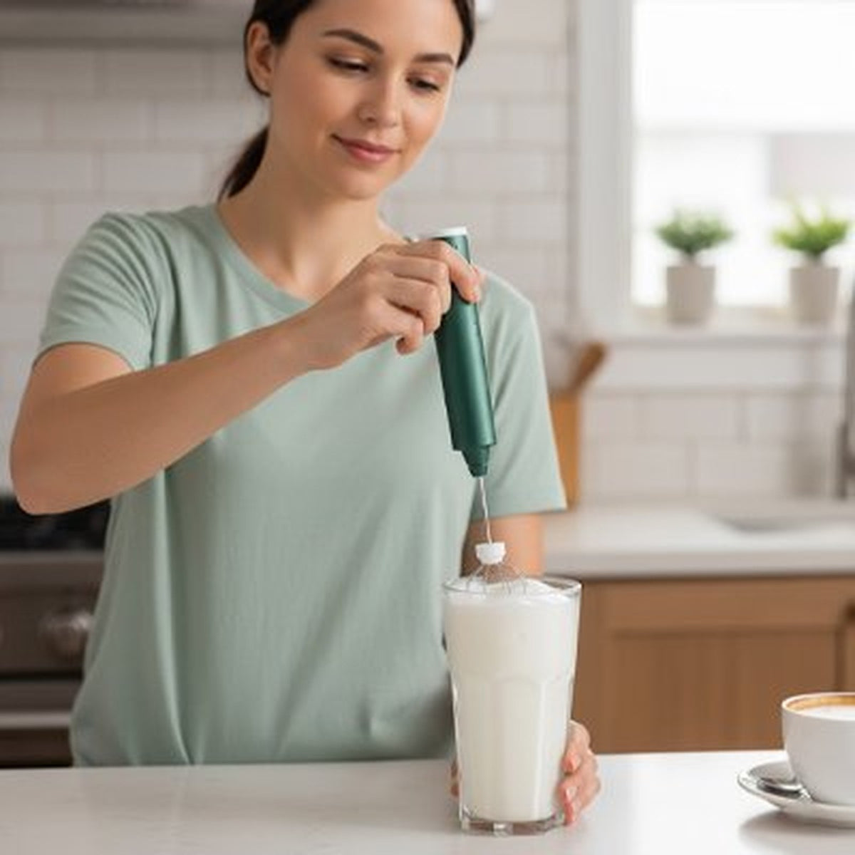 Mousseur à lait Master Barista vert créant une mousse dense dans un grand verre de lait