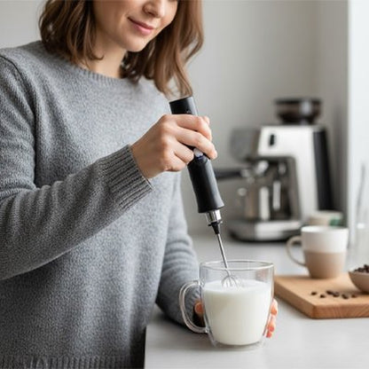 Femme en pull gris utilisant le mousseur à lait VORTEX EXPRESS dans une tasse en verre