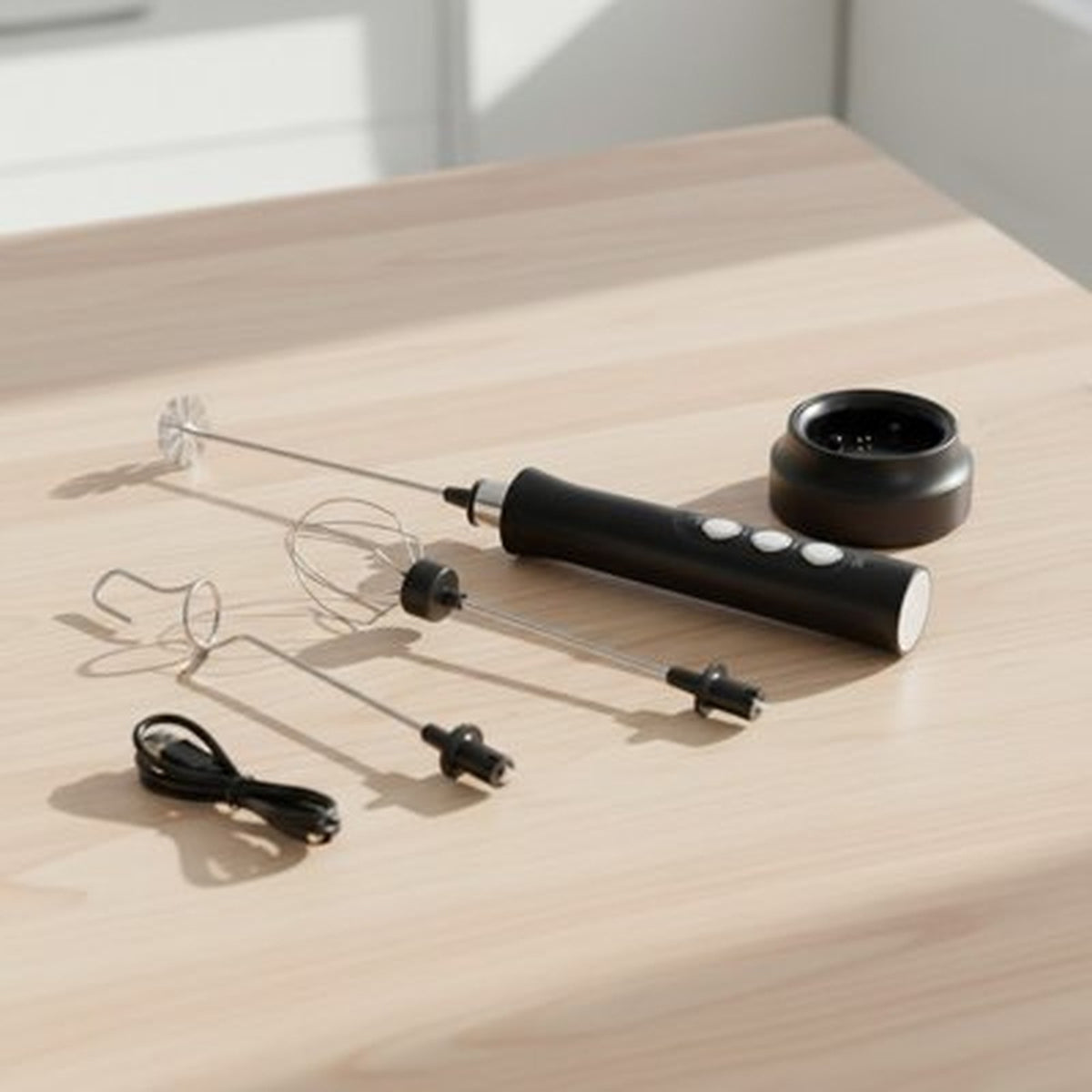 Kit complet VORTEX EXPRESS posé sur une table en bois : mousseur, deux fouets, support et câble