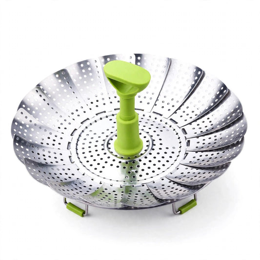 Panier vapeur pliable en inox VapoteCool ouvert à plat — pétales perforés en acier inoxydable, poignée centrale verte