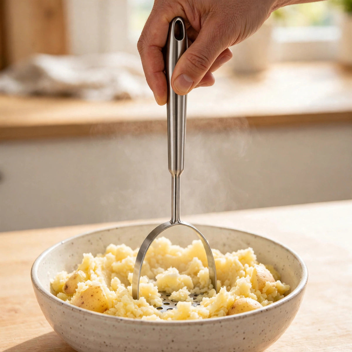 Presse-purée inox en action, purée de pommes de terre maison écrasée au bol