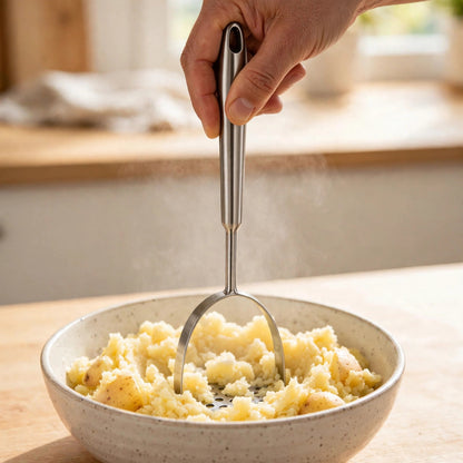 Presse-purée inox en action, purée de pommes de terre maison écrasée au bol