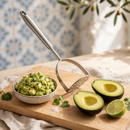 Presse-purée inox monobloc posé près d'un guacamole maison et d'avocats frais