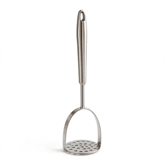 Presse-purée inox monobloc à plaque perforée ronde et manche plat ergonomique, packshot fond blanc