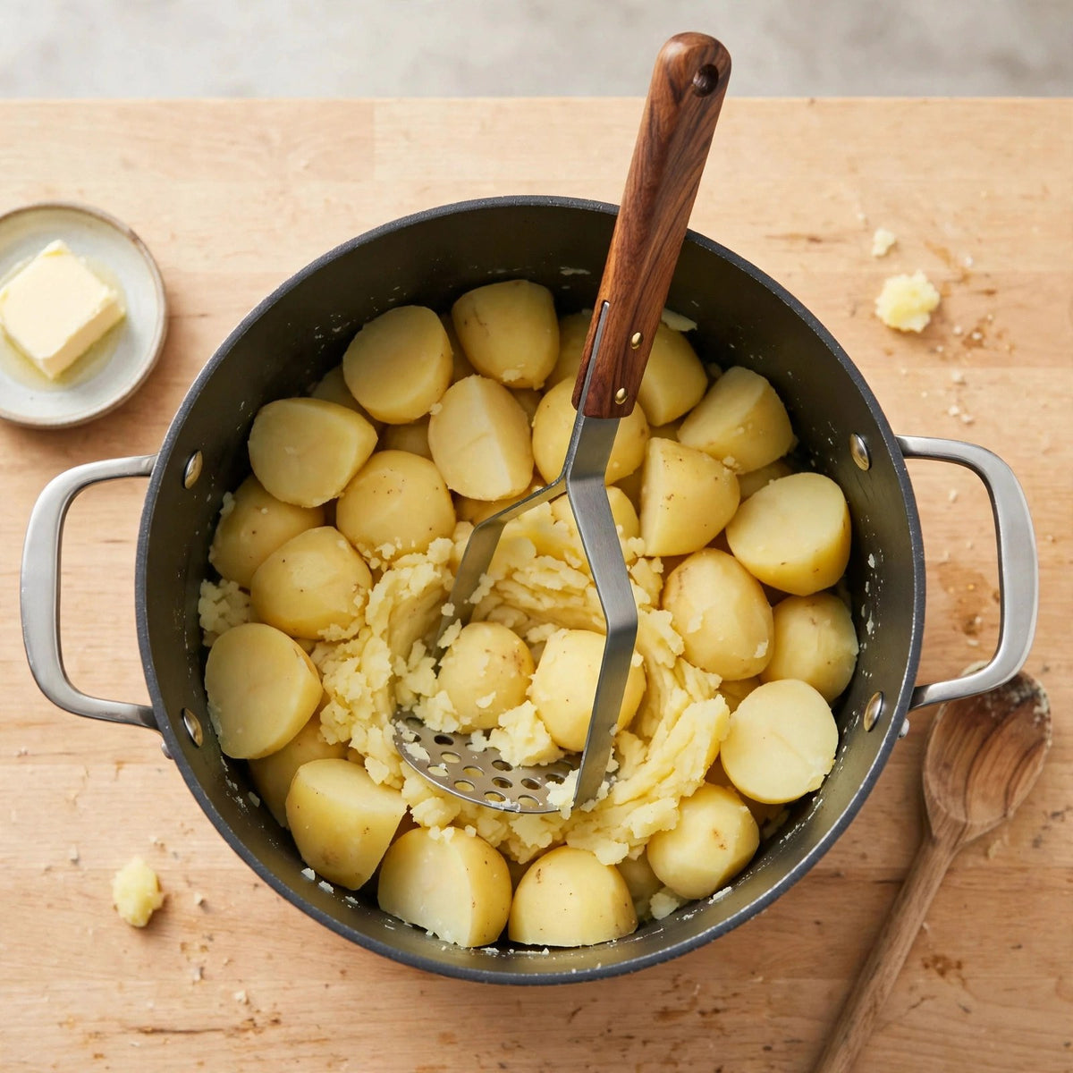 Écraser les pommes de terre directement dans la casserole de cuisson avec le presse-purée SansEffort