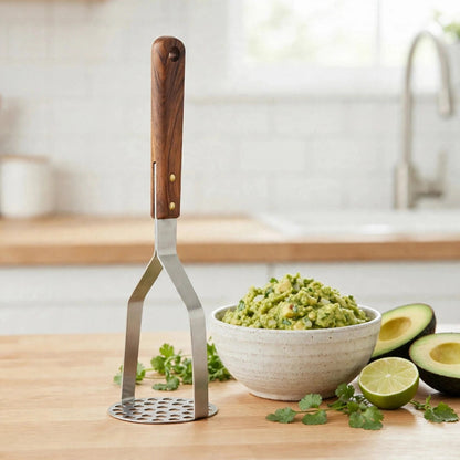 Presse-purée à côté d'un guacamole maison, avocats frais et citron vert