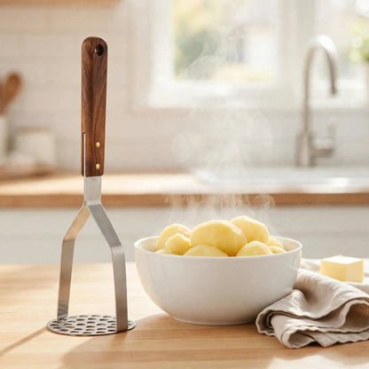 Presse-purée manche bois posé près d'un bol de pommes de terre fumantes en cuisine lumineuse