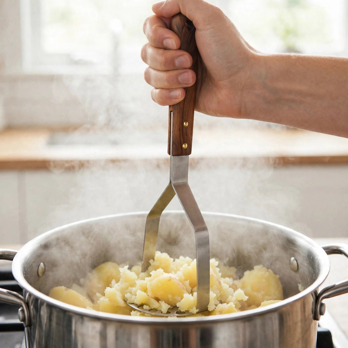 Main posée sur le manche en bois du presse-purée au-dessus d'une casserole fumante, sans chaleur dans la main