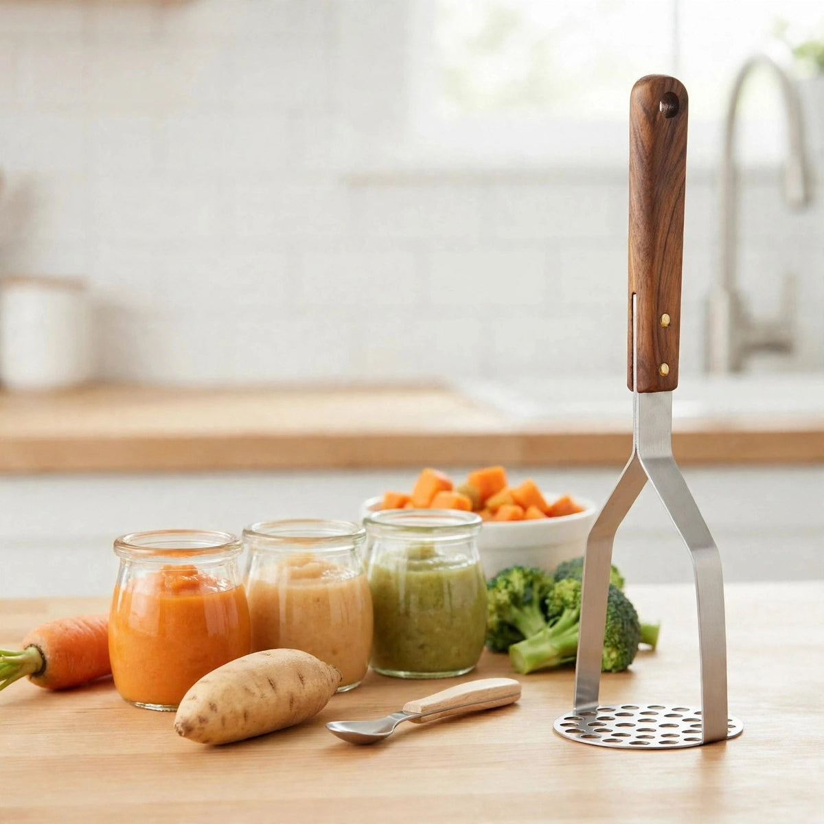 Petits pots de purée maison pour bébé préparés au presse-purée, carotte, patate douce et légumes verts