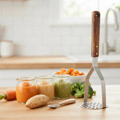 Petits pots de purée maison pour bébé préparés au presse-purée, carotte, patate douce et légumes verts