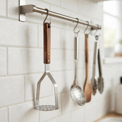 Presse-purée suspendu par son œillet à une barre de cuisine, rangement vertical