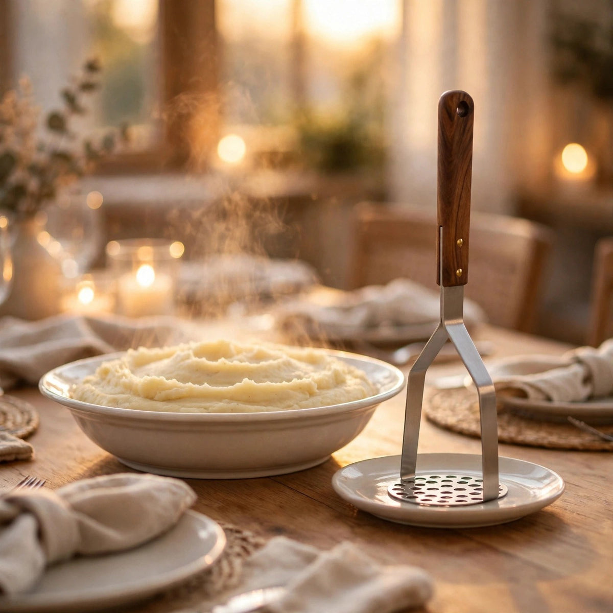 Presse-purée debout près du plat de purée fumante sur la table familiale