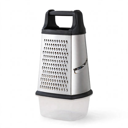 Râpe tour Fixinox en inox, 4 faces et récipient collecteur, sur fond blanc